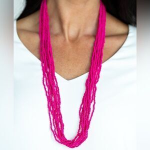 Set! Multi strand pink seed bead necklace and earrings